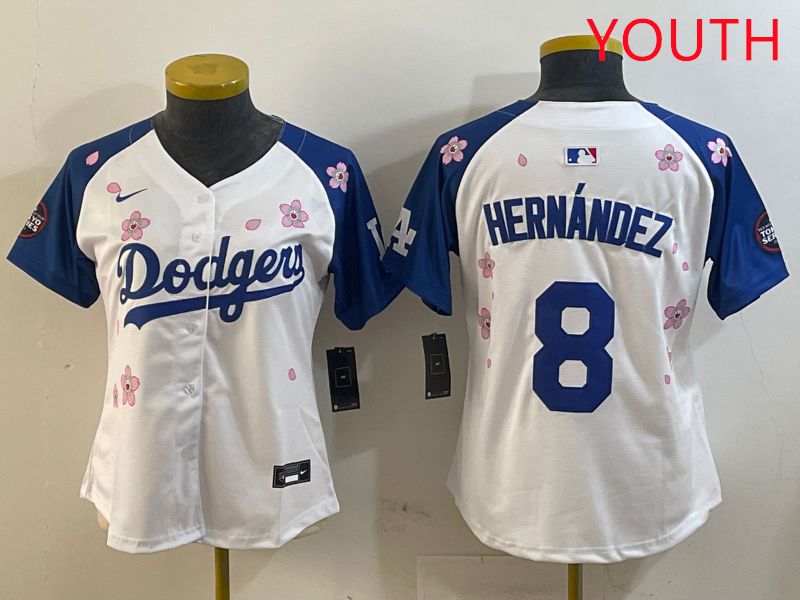 Youth Los Angeles Dodgers #8 Hernandez White Blue Sakura Edition 2025 Nike MLB Jersey style 1